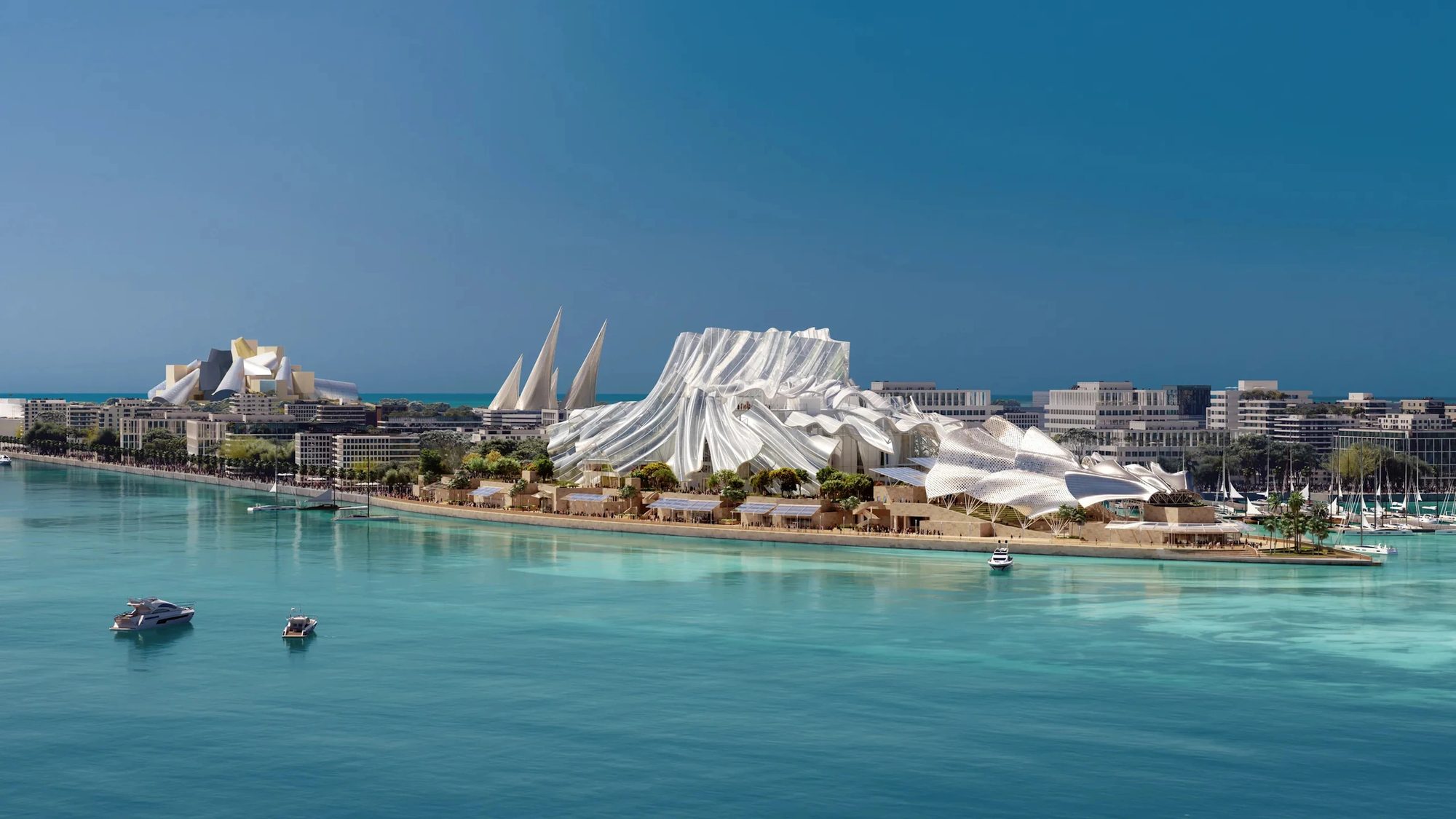 Aerial view of Dar Al Funoon and the Marsa Al Saadiyat theatre district from the water
