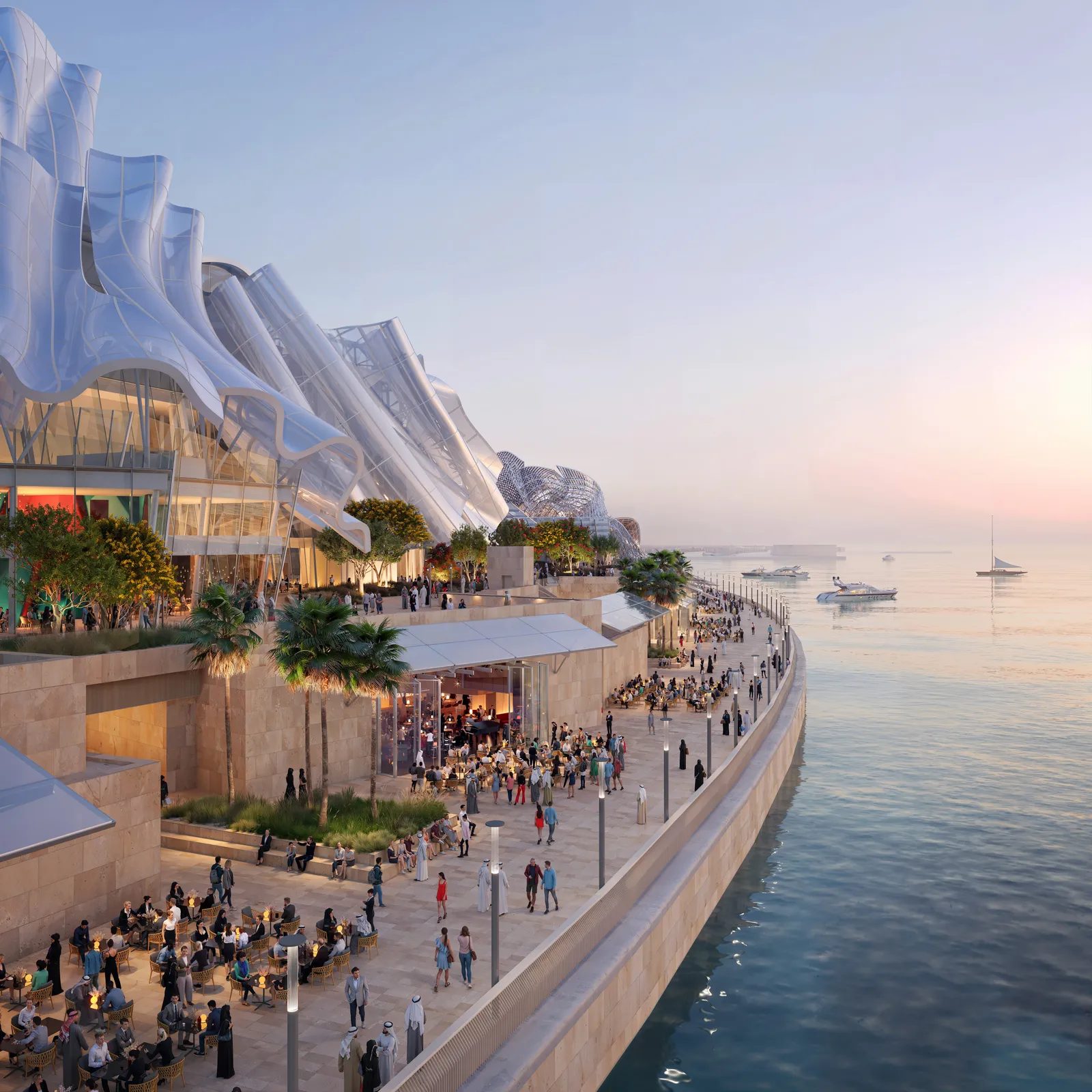 Dar Al Funoon esplanade overlooking the water — Gehry Partners render, Marsa Al Saadiyat