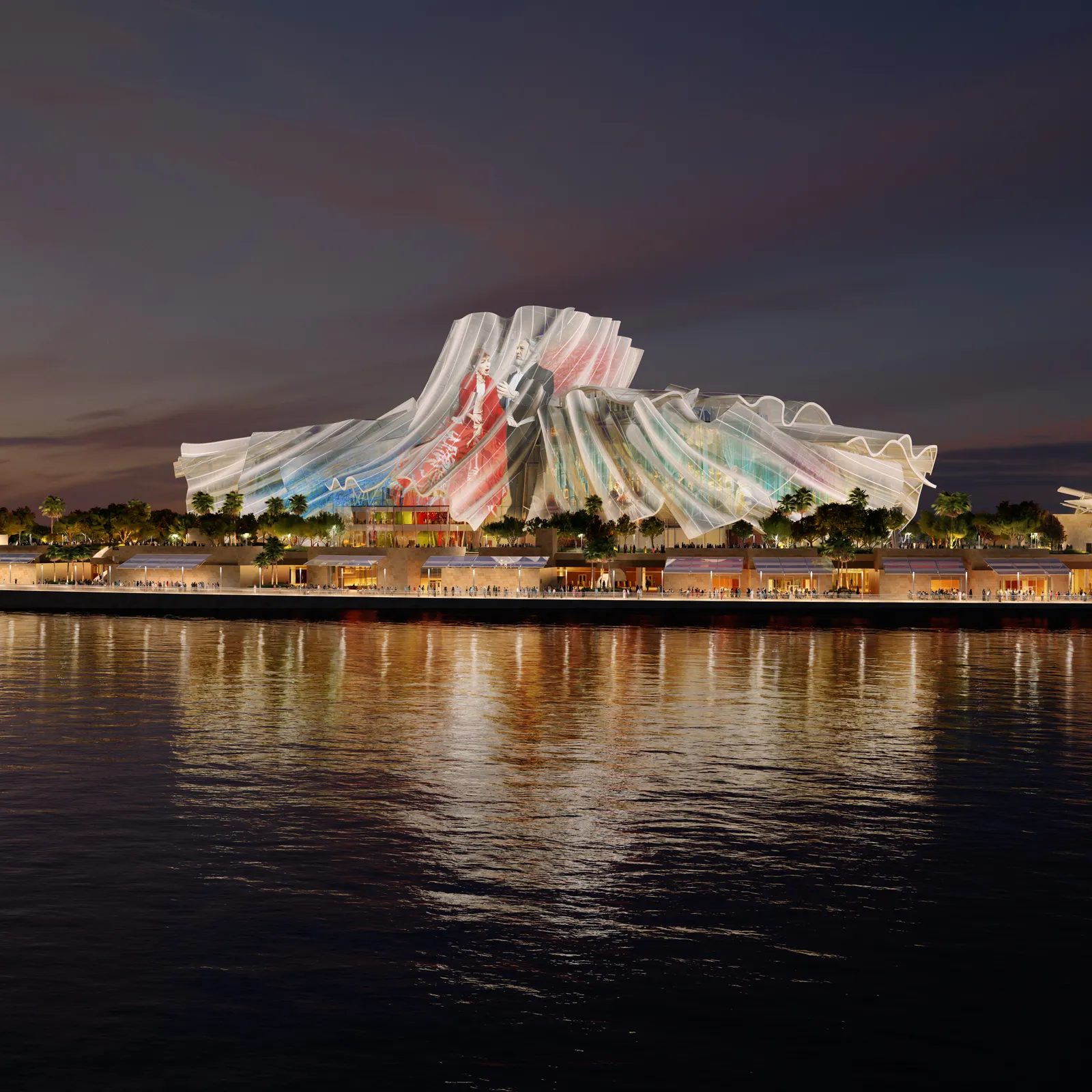 Dar Al Funoon performing arts centre at Marsa Al Saadiyat — Gehry Partners waterfront render at night