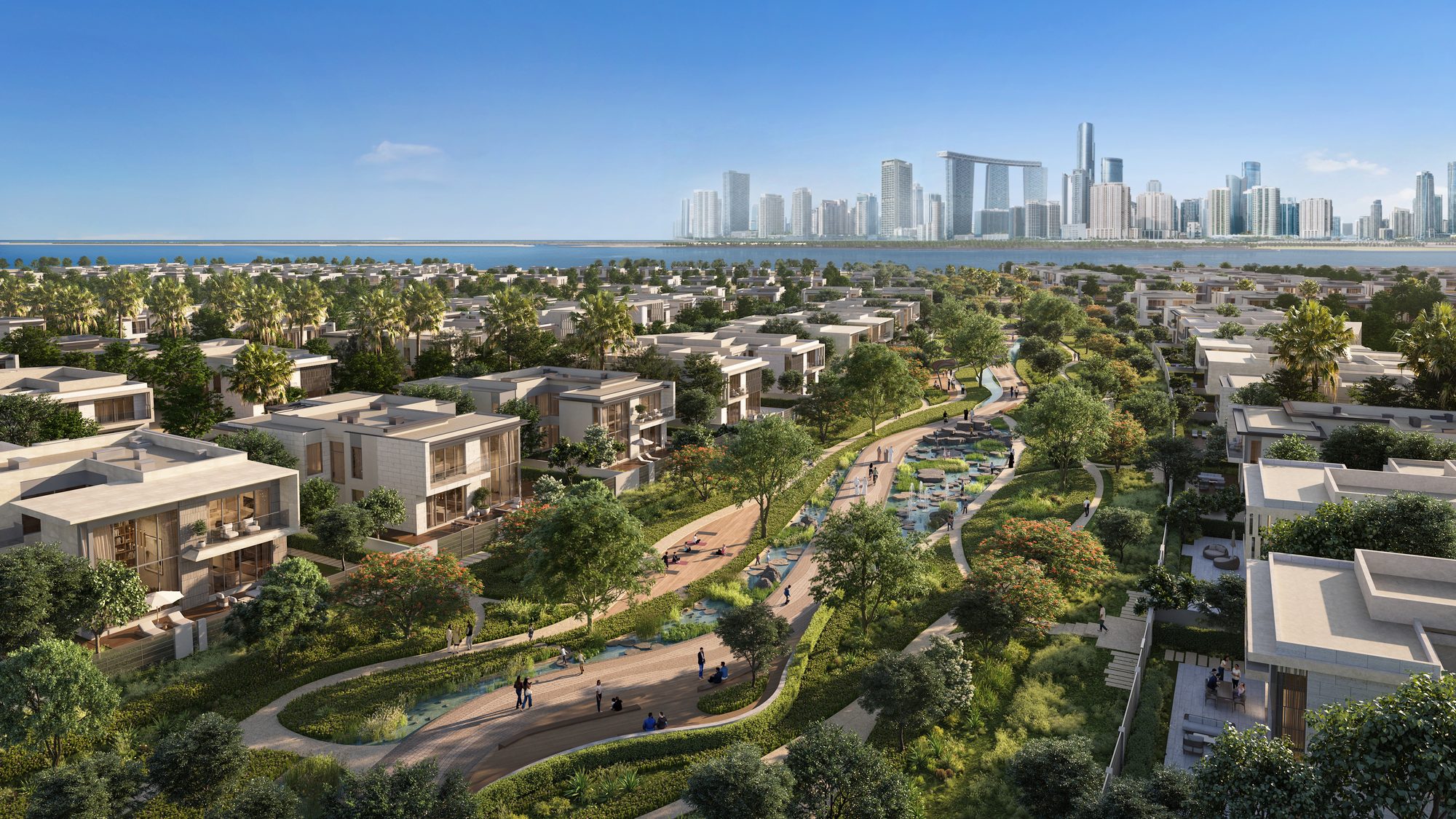 Marsa Al Saadiyat waterfront community with the Abu Dhabi skyline — Aldar CGI of Saadiyat's strongest residential market