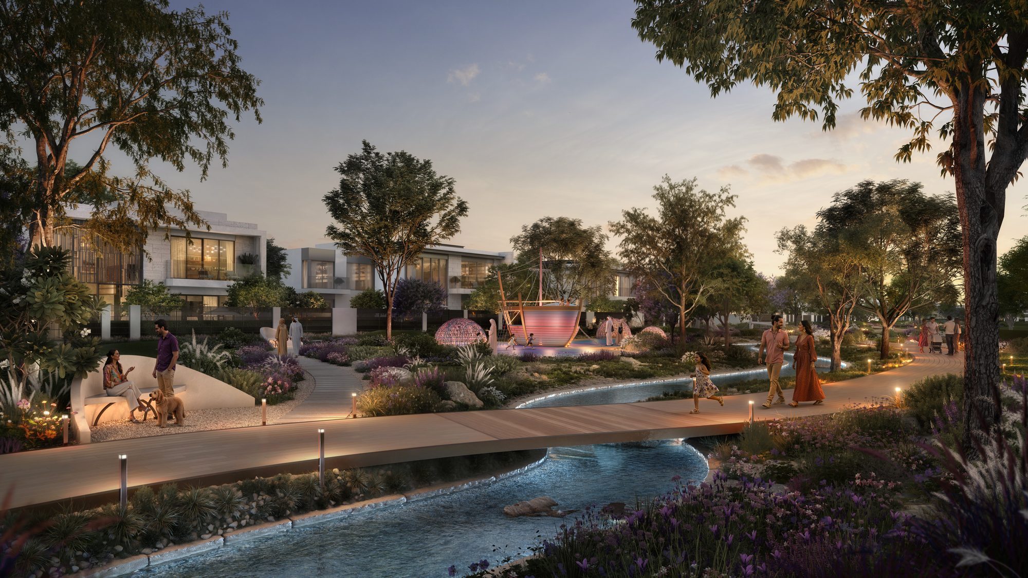 Evening promenade at Marsa Al Saadiyat — Aldar CGI of the waterfront walkway network