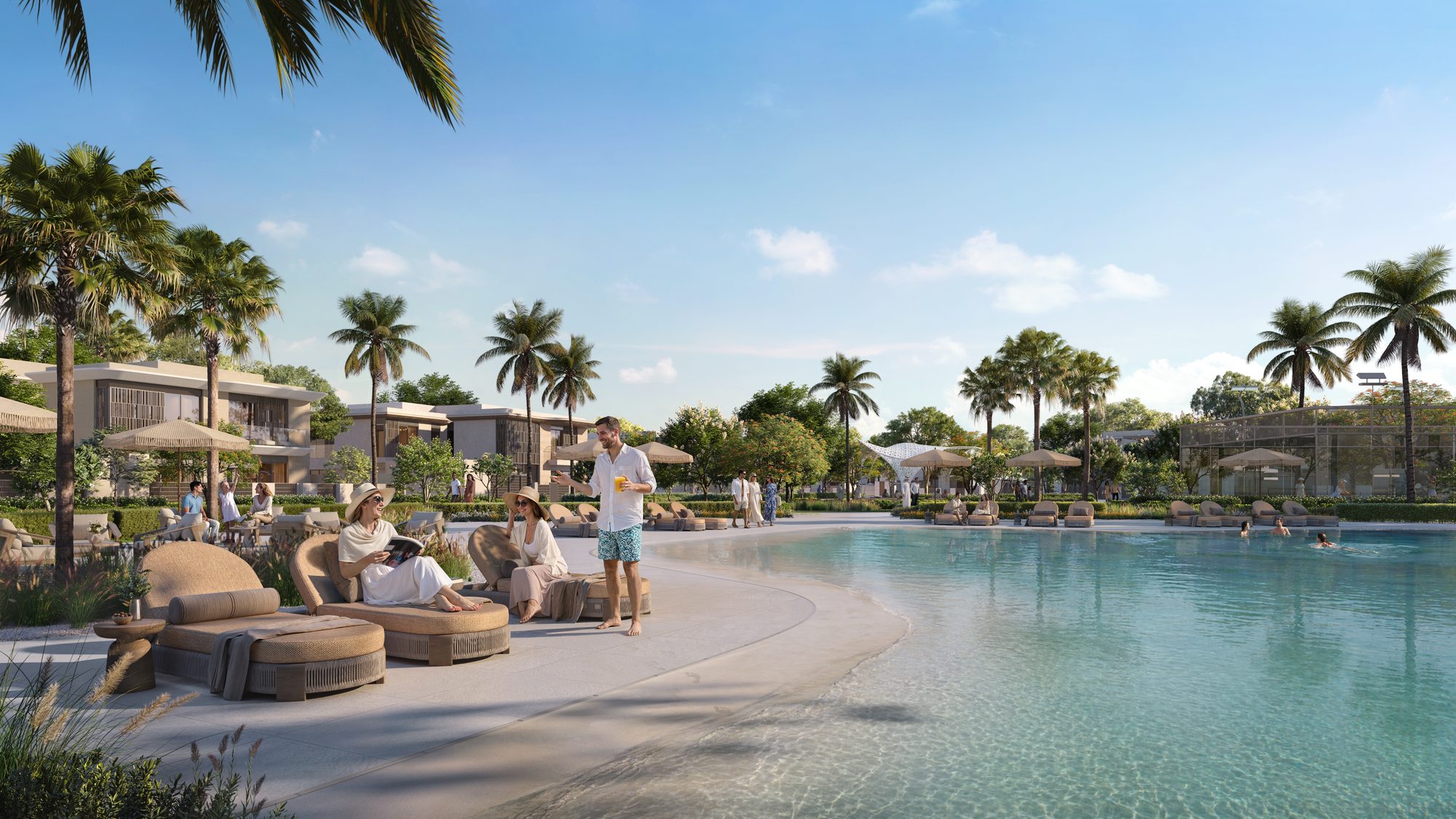 Lagoon beach with palm islands at Marsa Al Saadiyat — Aldar CGI of the destination's beachfront