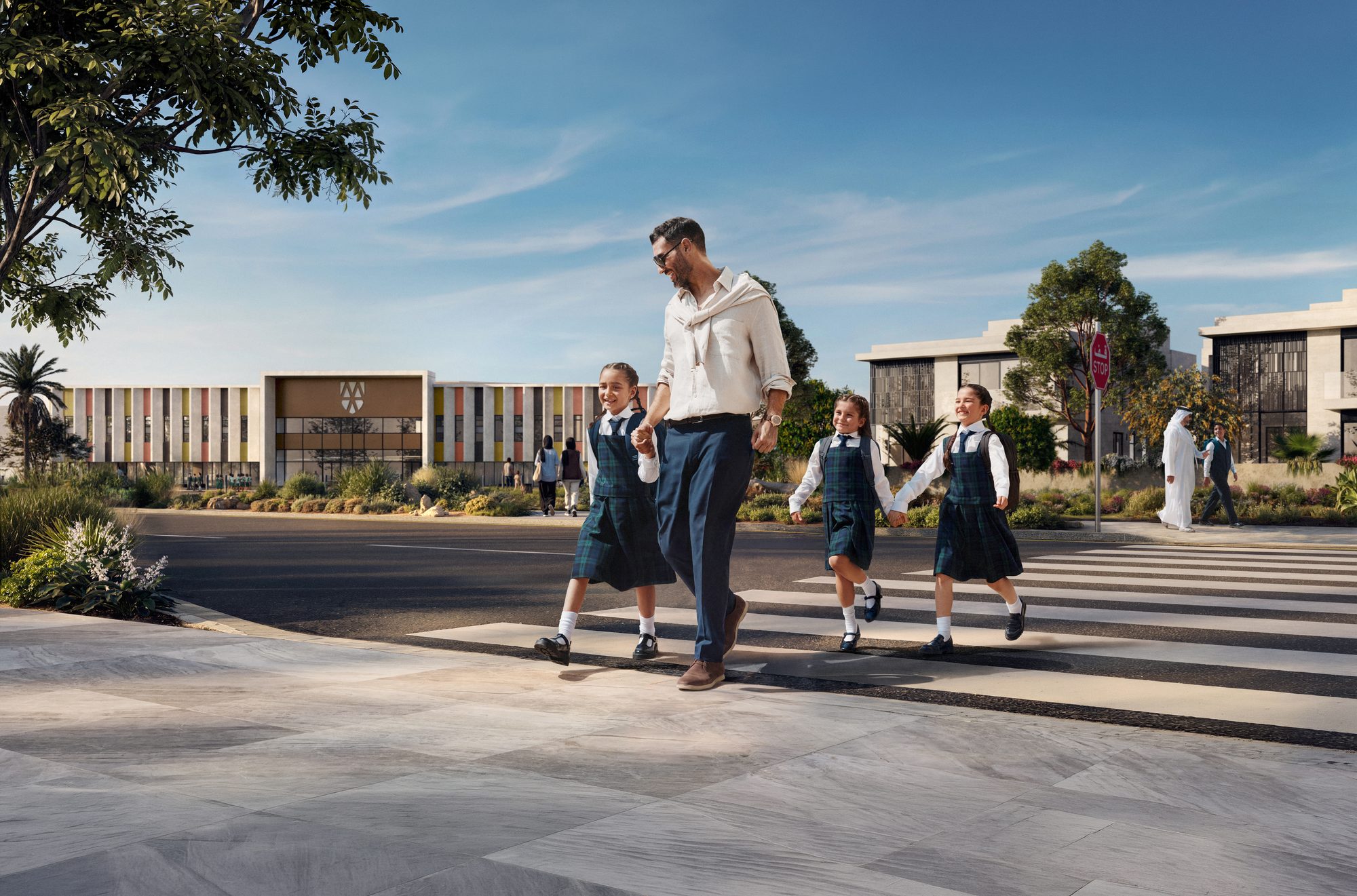 School campus planned at Marsa Al Saadiyat — pupils walking to class, Aldar key visual of the destination's education precinct