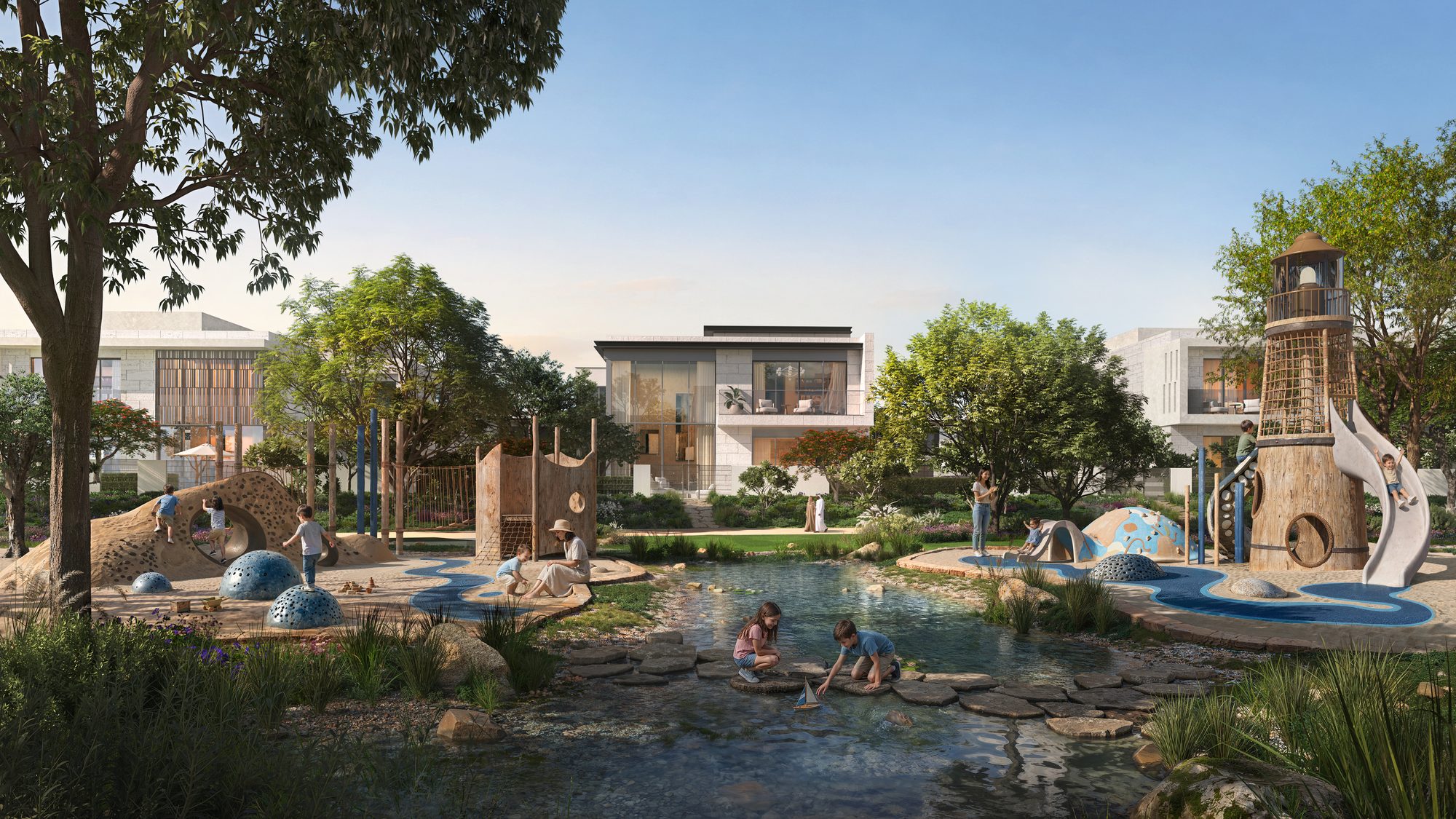 Children's discovery garden and water play park at Talay, Marsa Al Saadiyat — Aldar CGI