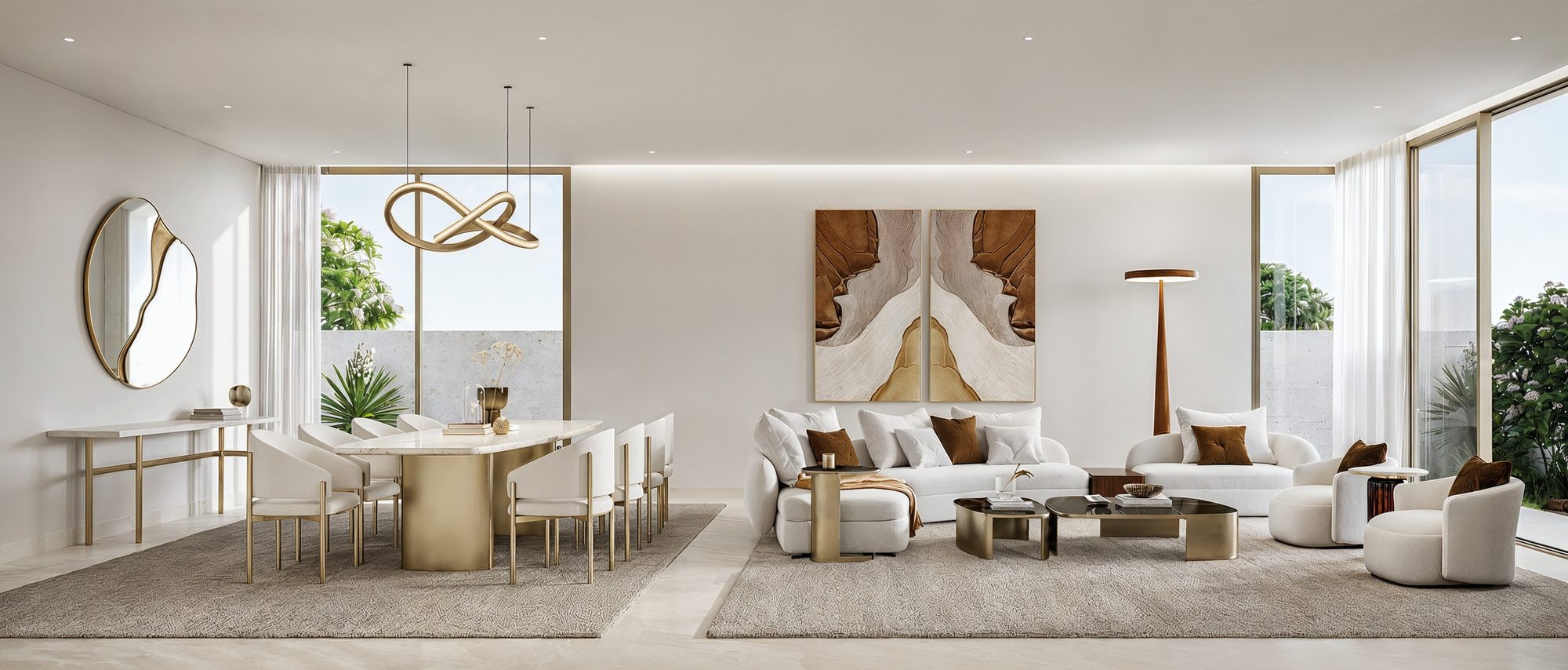 Formal living and dining space in a 5 bedroom Talay villa — Aldar interior CGI