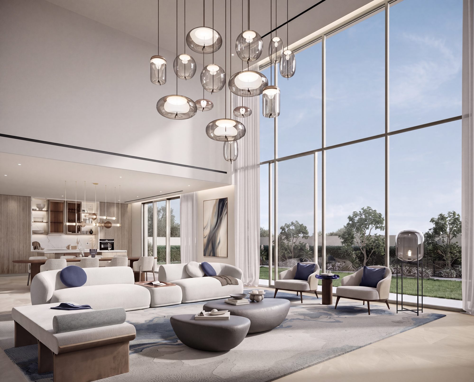 Double-height living room in a Talay villa — Aldar interior CGI, warm scheme