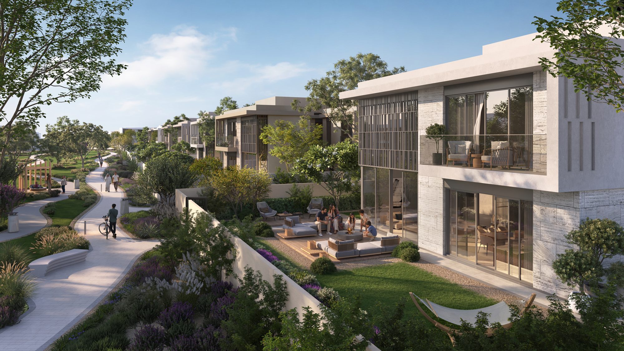 Talay villa side garden with shaded walkways and landscaping — Aldar CGI