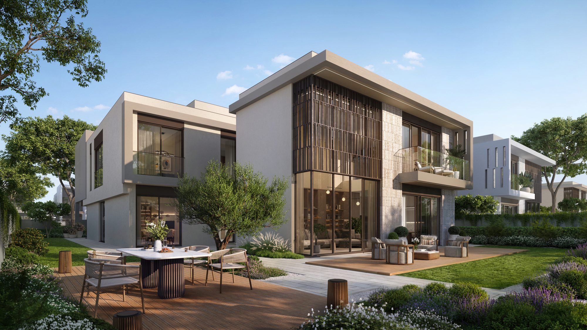 Outdoor dining and majlis terrace of a Talay villa — Aldar CGI